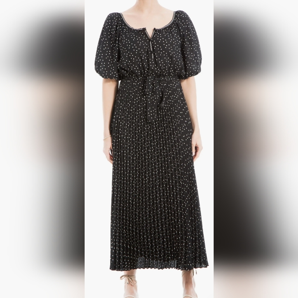 Max Studio Polka Dot Pleated Crepe Maxi Dress